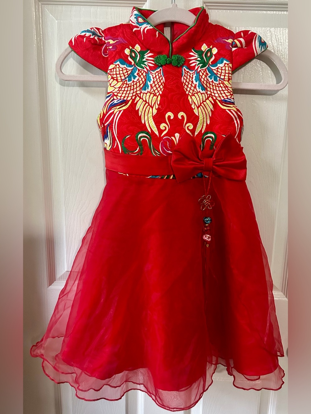 NWT Jie Yu Girls Red Qipao Cheongsam Tulle Dress Phoenix Embroidery L (2t/3t)